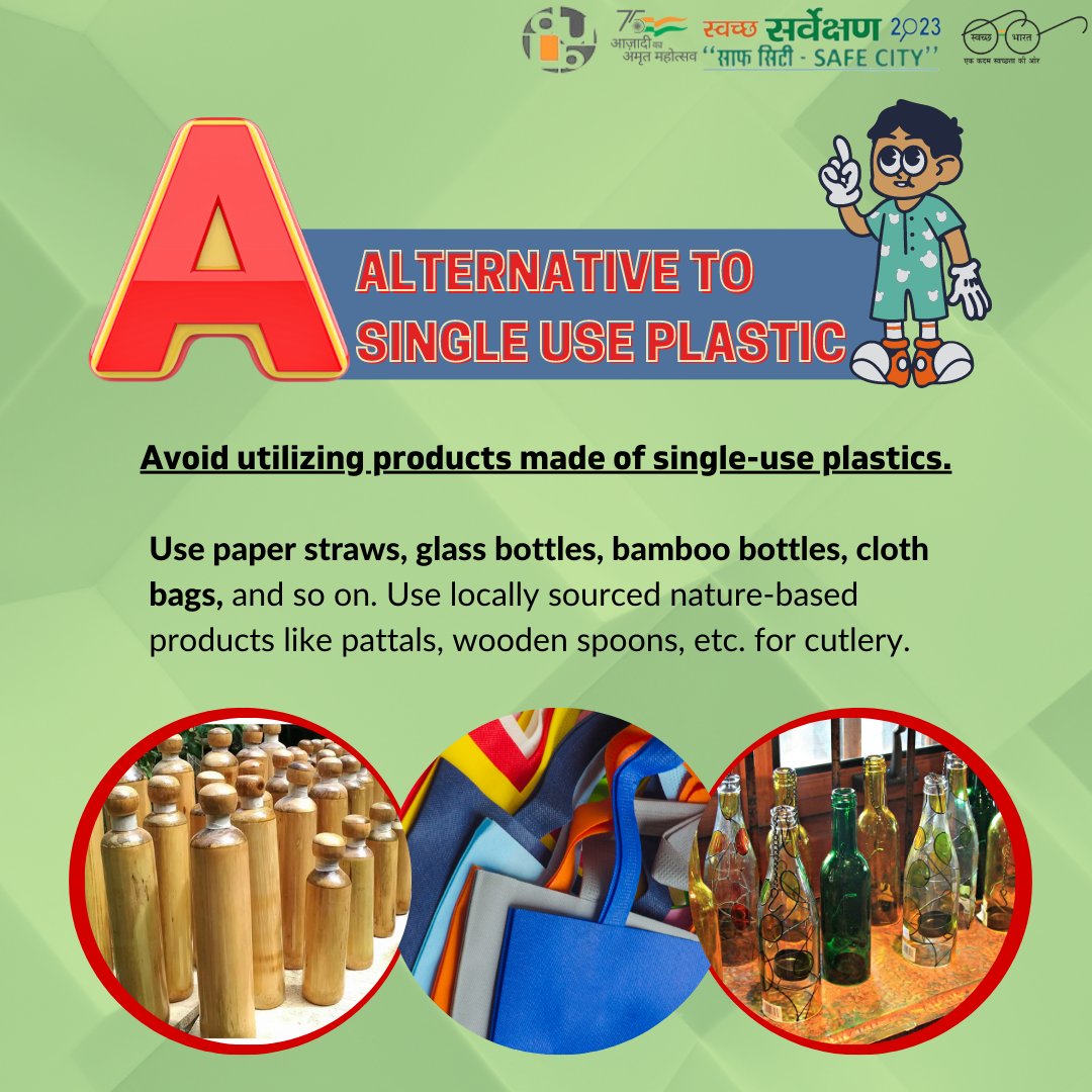 👉 𝗔𝗟𝗧𝗘𝗥𝗡𝗔𝗧𝗜𝗩𝗘 𝗧𝗢 𝗦𝗜𝗡𝗚𝗟𝗘 𝗨𝗦𝗘 𝗣𝗟𝗔𝗦𝗧𝗜𝗖 👍 Do not use products made of single-use plastics. Use ✔️ paper straws, ✔️ glass bottles, ✔️ bamboo bottles, ✔️ cloth bags, and so on. Use locally sourced nature-based products like ✔️ pattals, ✔️wooden spoons.