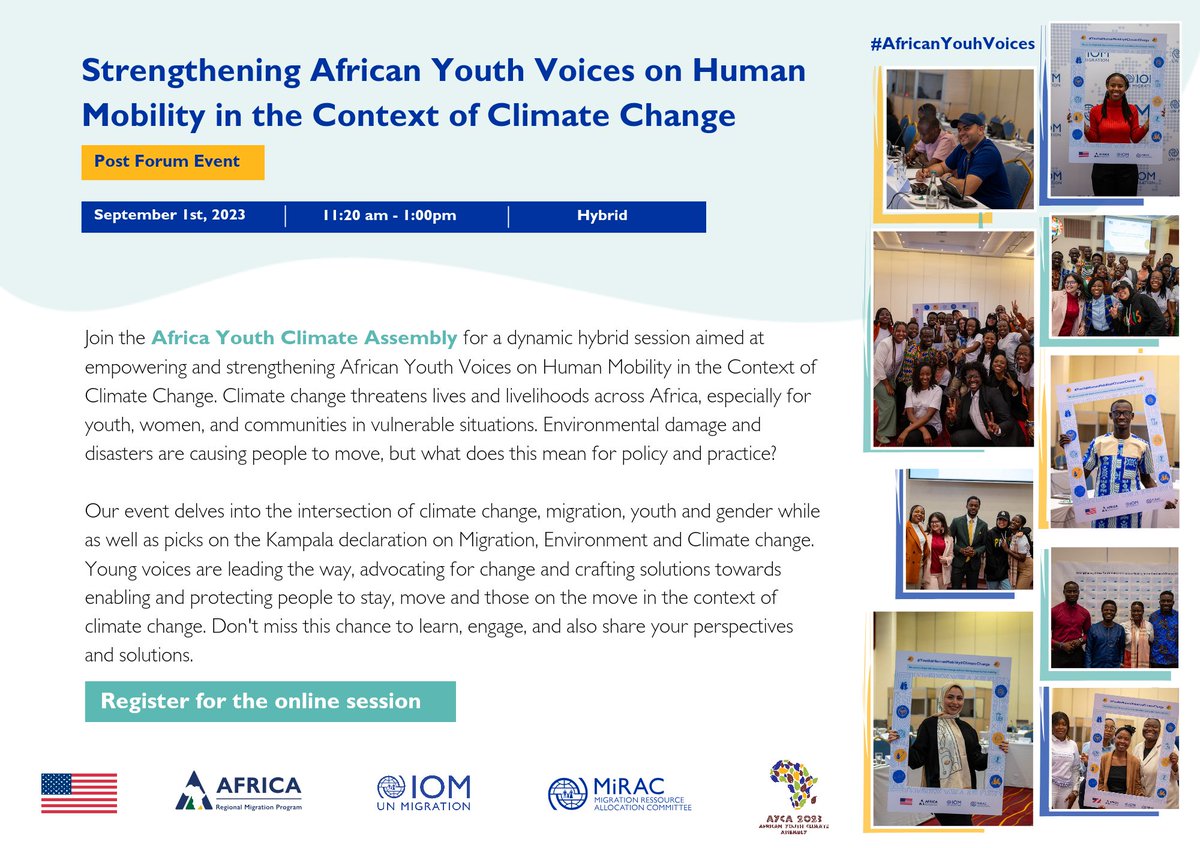 IOM_EHSA's tweet photo. Join @UNMigration as we host a Post Forum event for the Youth at the @AYCAssembly2023. 

📅Friday 01/09/2023

This event will reach more #AfricanYouthVoices engaging in the human mobility and climate change topic!

Register for the online session here: https://t.co/szeU5gLQyH https://t.co/aXXv2yTBgO