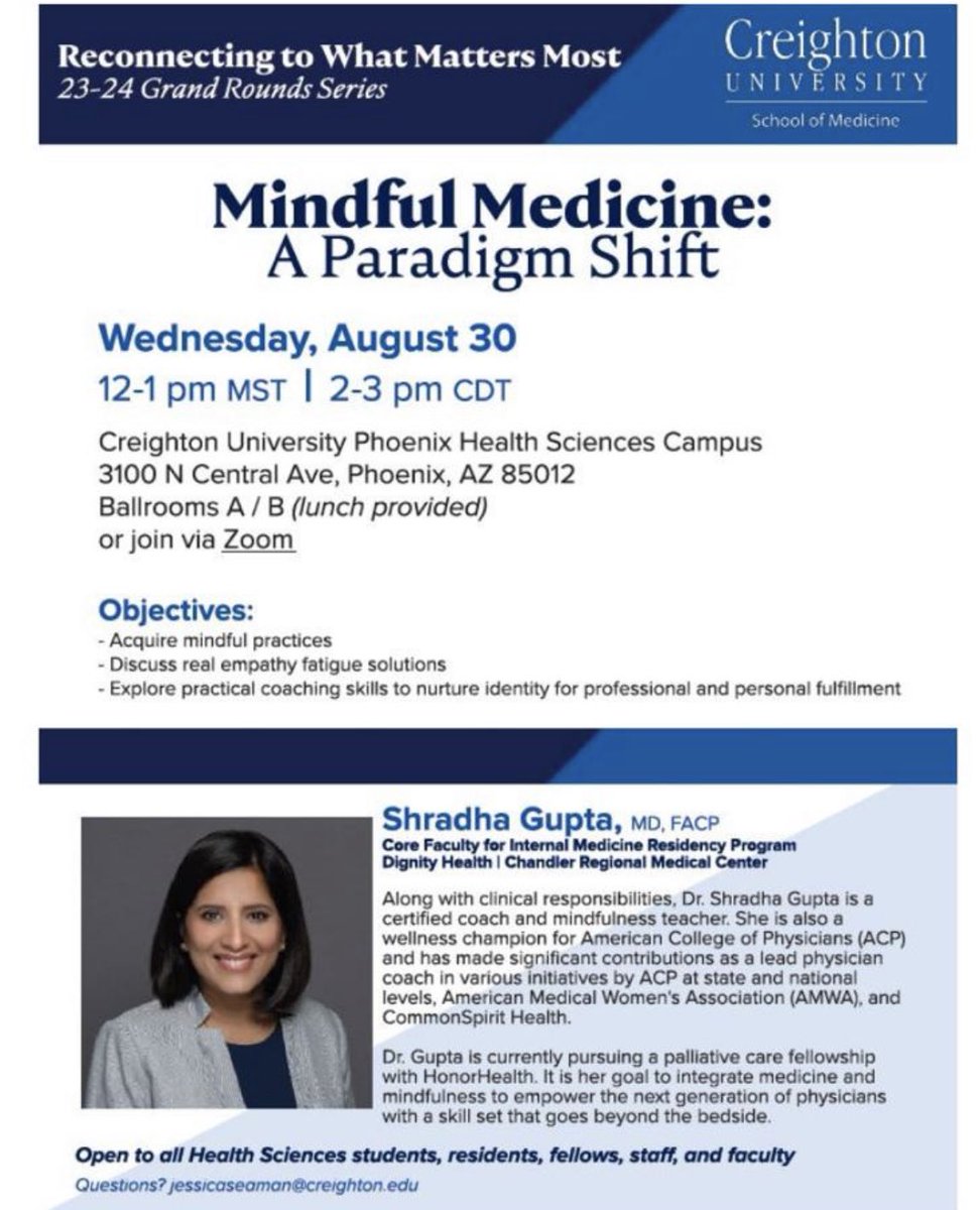 ShradhaGuptaMD's tweet photo. Excited to share my journey with fellow medical students, residents and colleagues. @ACPIMPhysicians @Creighton @humankindness @DignityEVRehab @svhmedres @HonorHealth @GeorgeAbraham65 @marionmccrarymd @Almed3 @DocPhx #Burnout https://t.co/38q1SpSBmf