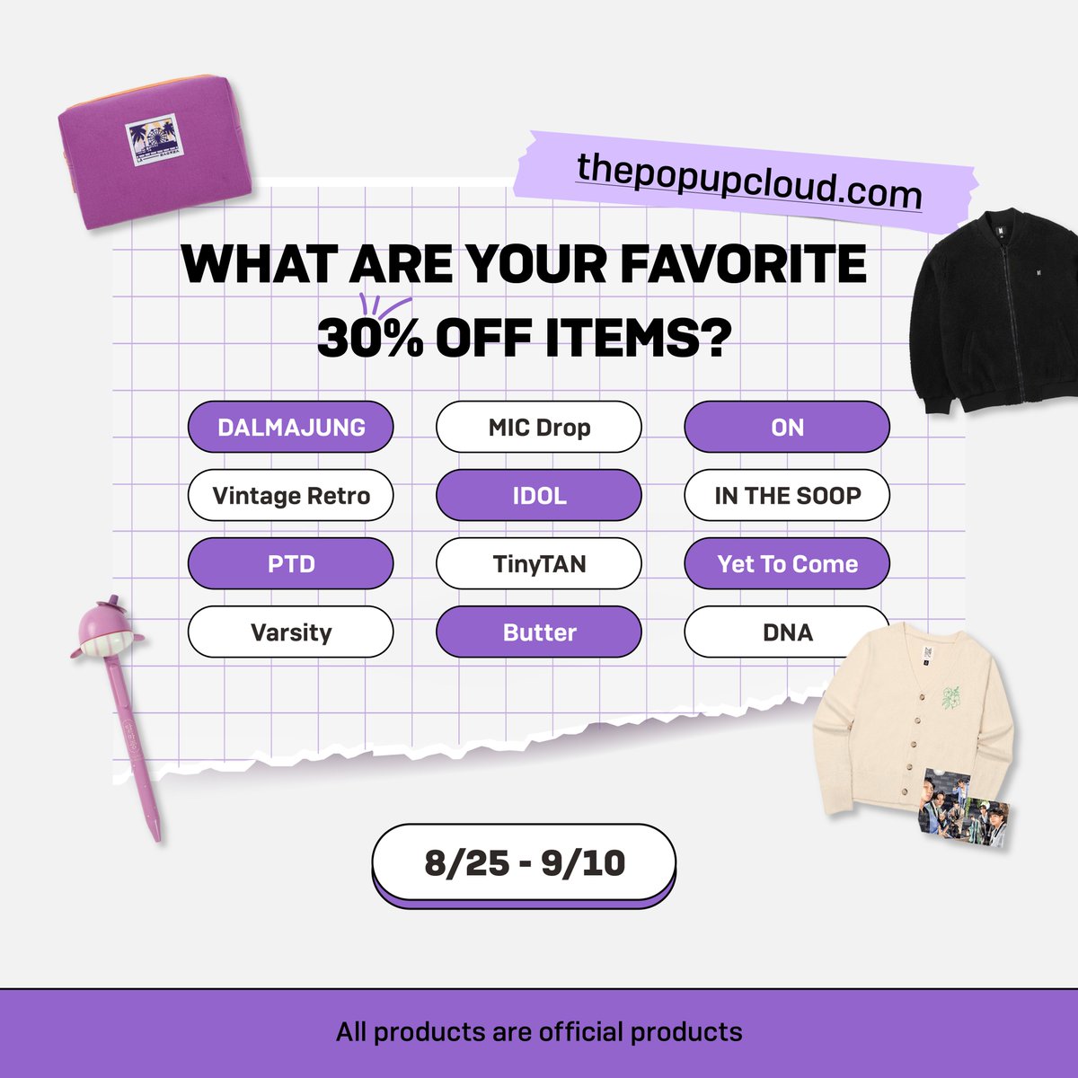 thepopupcloud's tweet photo. 📣 Come check out our most Popular Items and explore these iconic collections!

Shop now to enjoy our limited time offer. See you inside 💜

🔗 https://t.co/fYwPYFg7aA
#BTS #SPACE_OF_BTS_BackToSchool https://t.co/rbB9gq69dJ
