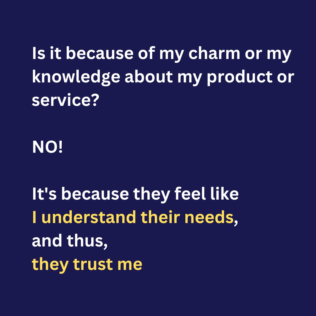 d_thesimplifier's tweet image. How to sell without selling my soul?

I need to be absolutely certain that I understand my clients’ needs before I even mention what I have for sale.

I found people who wanted to buy from me because they feel like I understand their needs, and they trust me.

#thesimplifier