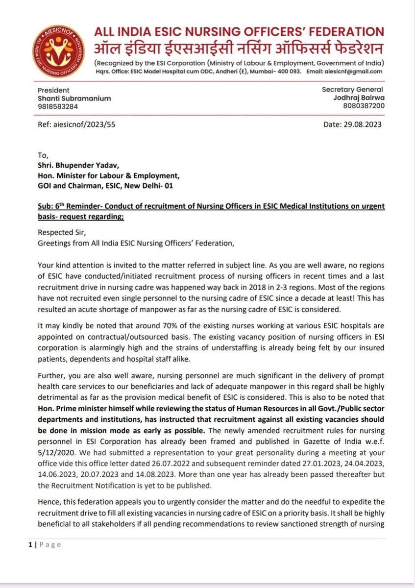aiesicnf's tweet image. 6th reminder submitted to Hon. Union Minister for
@LabourMinistry and the DG @esichq to expedite the Recruitment Drive for the #nurses in #ESIC in &quot;mission mode&quot; as early as possible.    #missionmoderecruitment #nursingofficersrecruitment2023 #RozgarMela2023     Sh.@byadavbjp