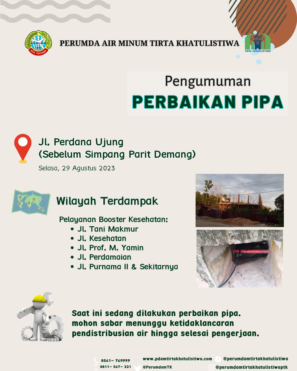 PerumdamTK's tweet photo. Bapak/Ibu pelanggan Perumda Air Minum Tirta Khatulistiwa,
Diinformasikan bahwa kami sedang melakukan perbaikan pipa bocor 400 PVC di wilayah Jl. Perdana Ujung (Sebelum Simpang Parit Demang) Kecamatan Pontianak Tenggara. https://t.co/JmJQeYpgEr