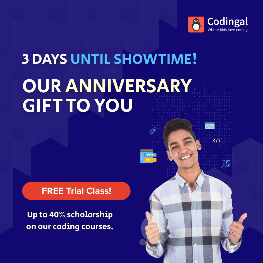 codingal's tweet image. We're getting closer to the big day! A FREE trial class is waiting for you. And that's not all - prepare to win up to 40% scholarship on all our courses ๐คฉ
Register now: cdg.al/zclmQ
#codingal #3yearanniversary #celebration #CelebrationTime
