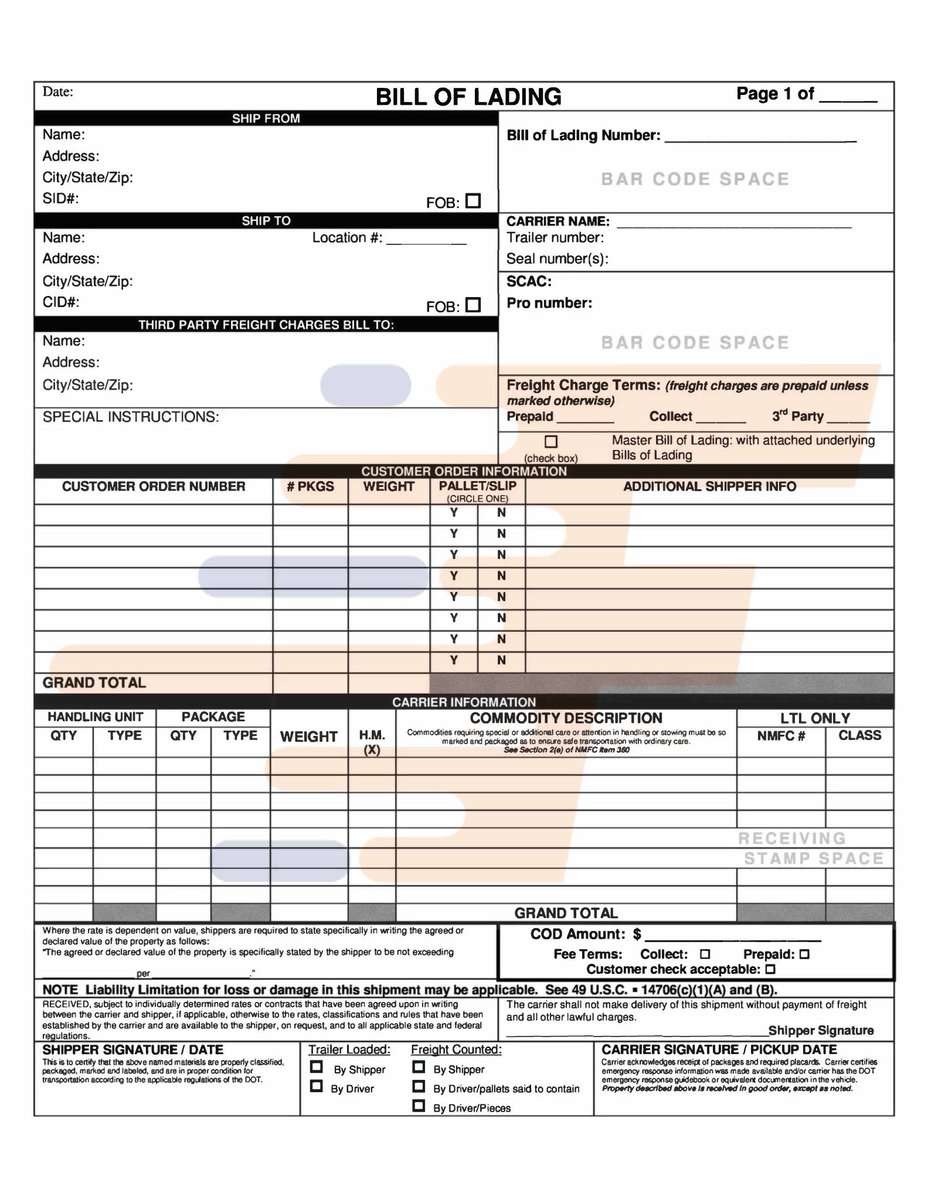 Fulklog's tweet photo. The specific shipping documents required for a shipment.

Bill of lading: A bill of lading is a document that serves as a receipt for the goods being shipped and a contract between the shipper and the carrier. It outlines the terms of the shipment. https://t.co/gvW49NDh7b
