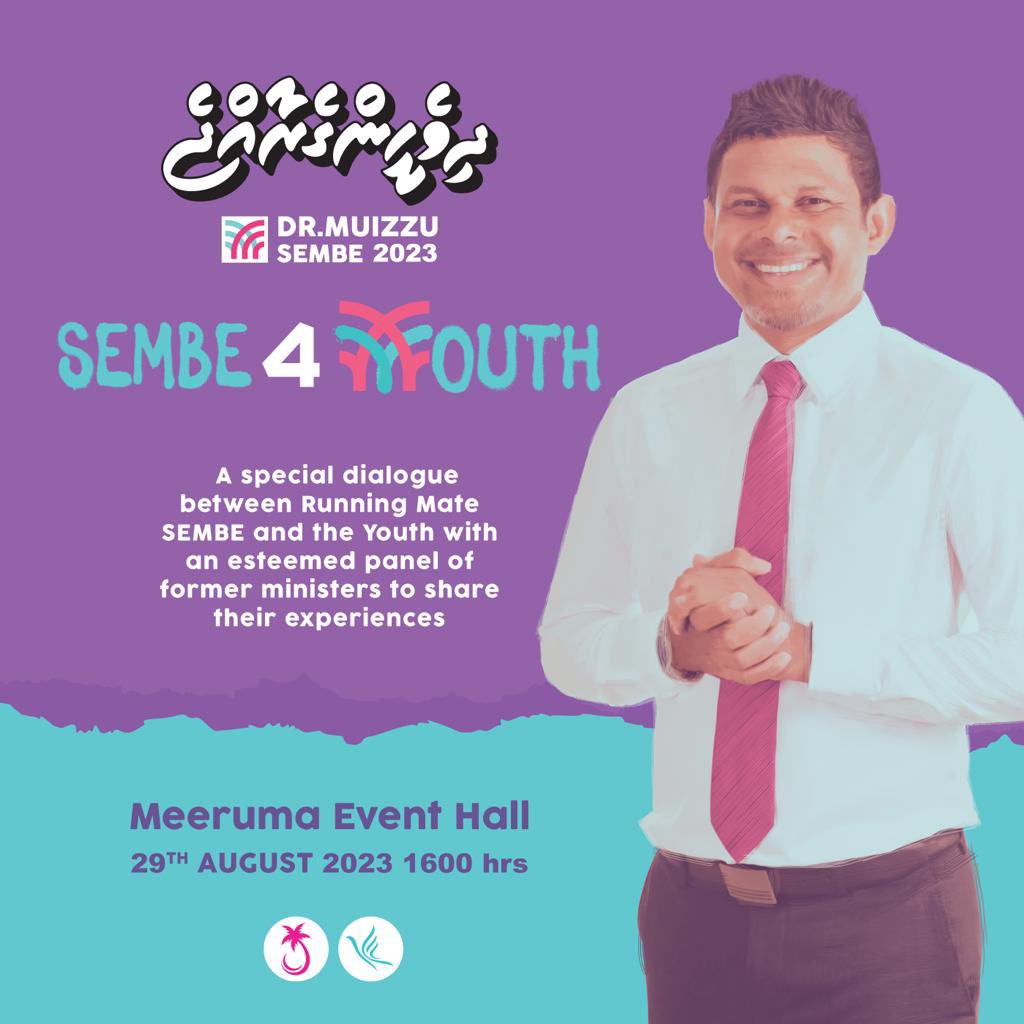 AsluSoora's tweet photo. Sembe 4 Youth
Runnnig mate baeiverive vadainnavaa adhi kureege Ministers himeney panel discussion eh miadhu haveeru 4:00 ga Meeruma ga onnaane
mi event ga veehaaves gina youth baiverivedhehvaa, adhi ithuru youth bawiverikohdhevun edhen

#Hope4Youth https://t.co/uSBGZ77did