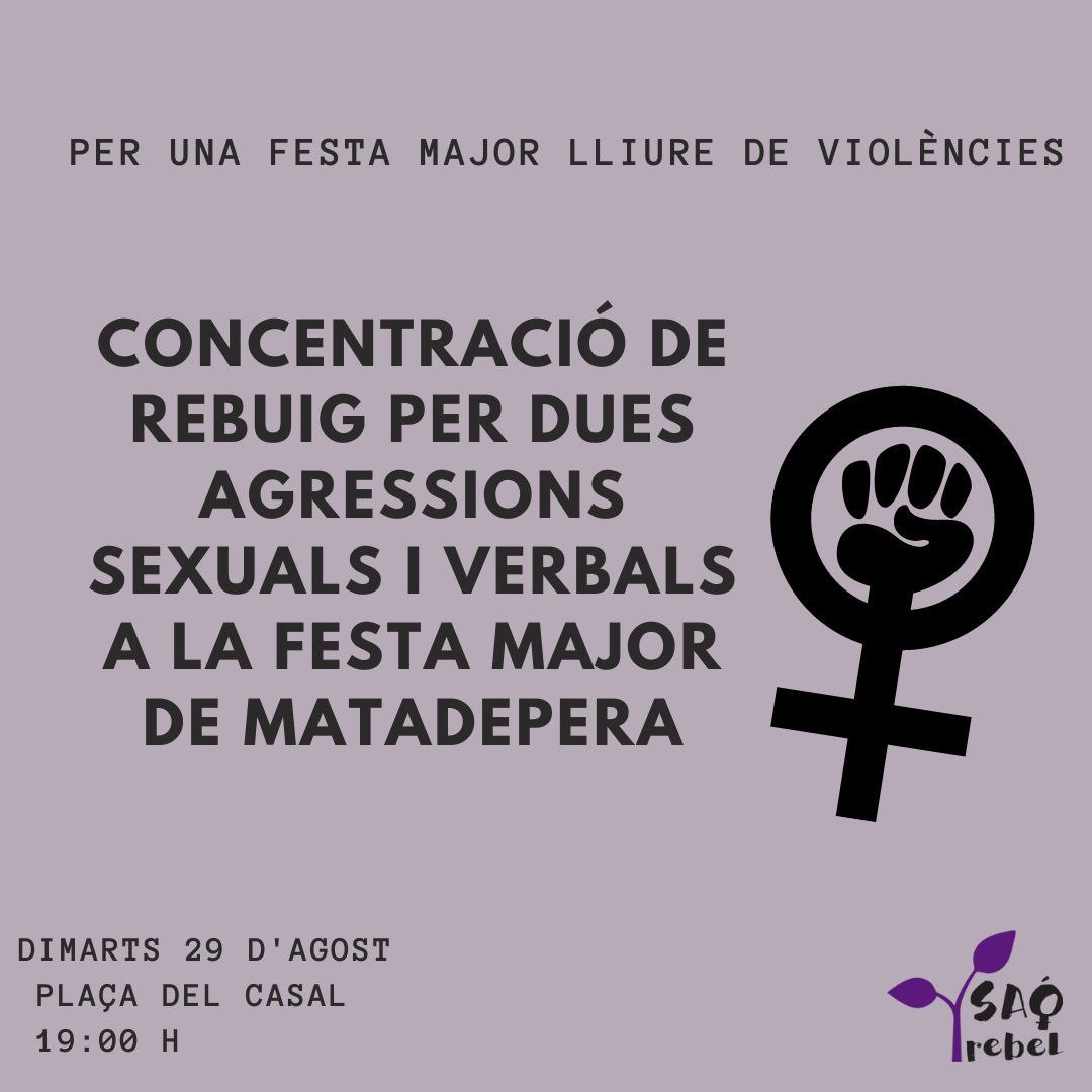 guerrillacossos's tweet photo. Les companyes de Saó Rebel Matadepera ens criden a la concentració que tindrà lloc avui a les 19:00 a la plaça del casal. 

La nit del passat dissabte 26 d'agost en marc de la festa major de Matadepera és van produïr ,almenys que sapiguen, dues agressions. https://t.co/0wqUdWUgQX
