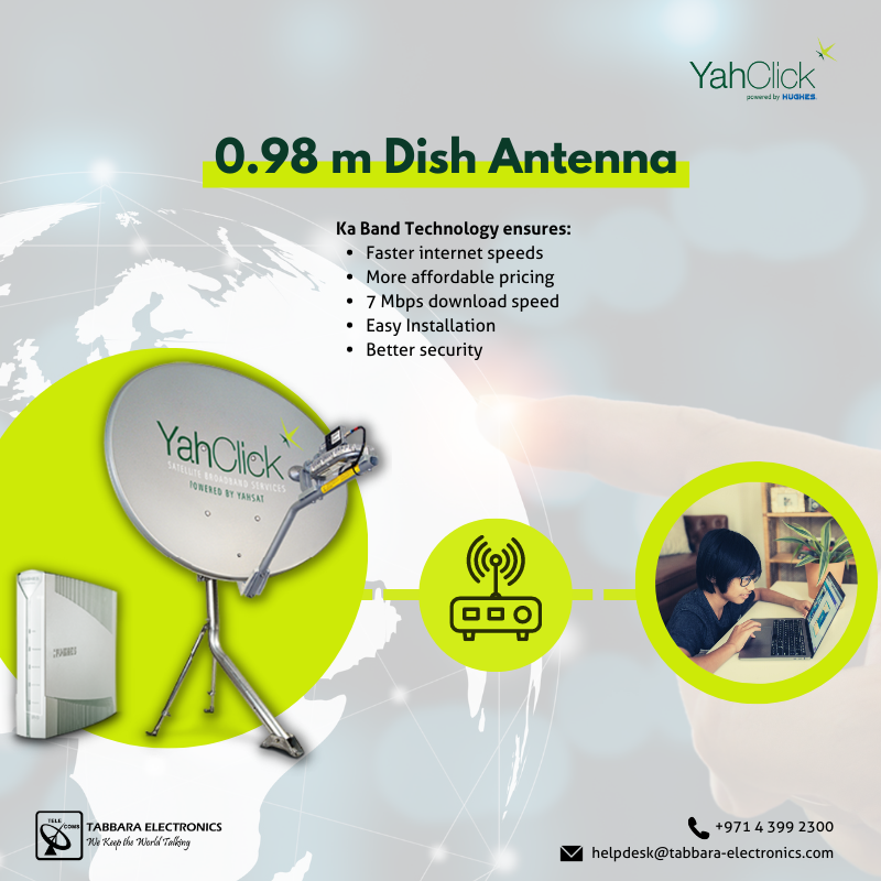 HSCSystem's tweet image. The dish receives signals from and transmits signals to the satellite. It’s about the same size as satellite TV dishes and can be mounted on the outside of your house.

#TabbaraElectronics #Yahsat #YahClick #abudhabi #DishAntenna098m #dubai #middleeast 
#نتصدر_المشهد