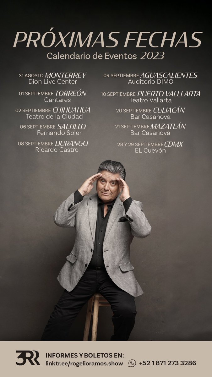 Comenta que ciudad no puede faltar en la gira 2023 🚀 

Boletos en :
linktr.ee/rogelioramos.s…

Más informes al WHATSAPP :
+52 871 273 3286