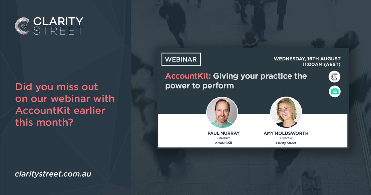 Clarity Street (@clarity_street) on Twitter photo 👋 Did you miss out on our webinar with <a href="/AccountKit/">AccountKit</a> earlier this month?
👉 In the webinar, we talked with Paul Murray, Founder of <a href="/AccountKit/">AccountKit</a>, about the topic 'AccountKit: Giving your practice the power to perform'.
View the webinar recording here:
🔗 claritystreet.com.au/webinars 👋 Did you miss out on our webinar with <a href="/AccountKit/">AccountKit</a> earlier this month?
👉 In the webinar, we talked with Paul Murray, Founder of <a href="/AccountKit/">AccountKit</a>, about the topic 'AccountKit: Giving your practice the power to perform'.
View the webinar recording here:
🔗 claritystreet.com.au/webinars