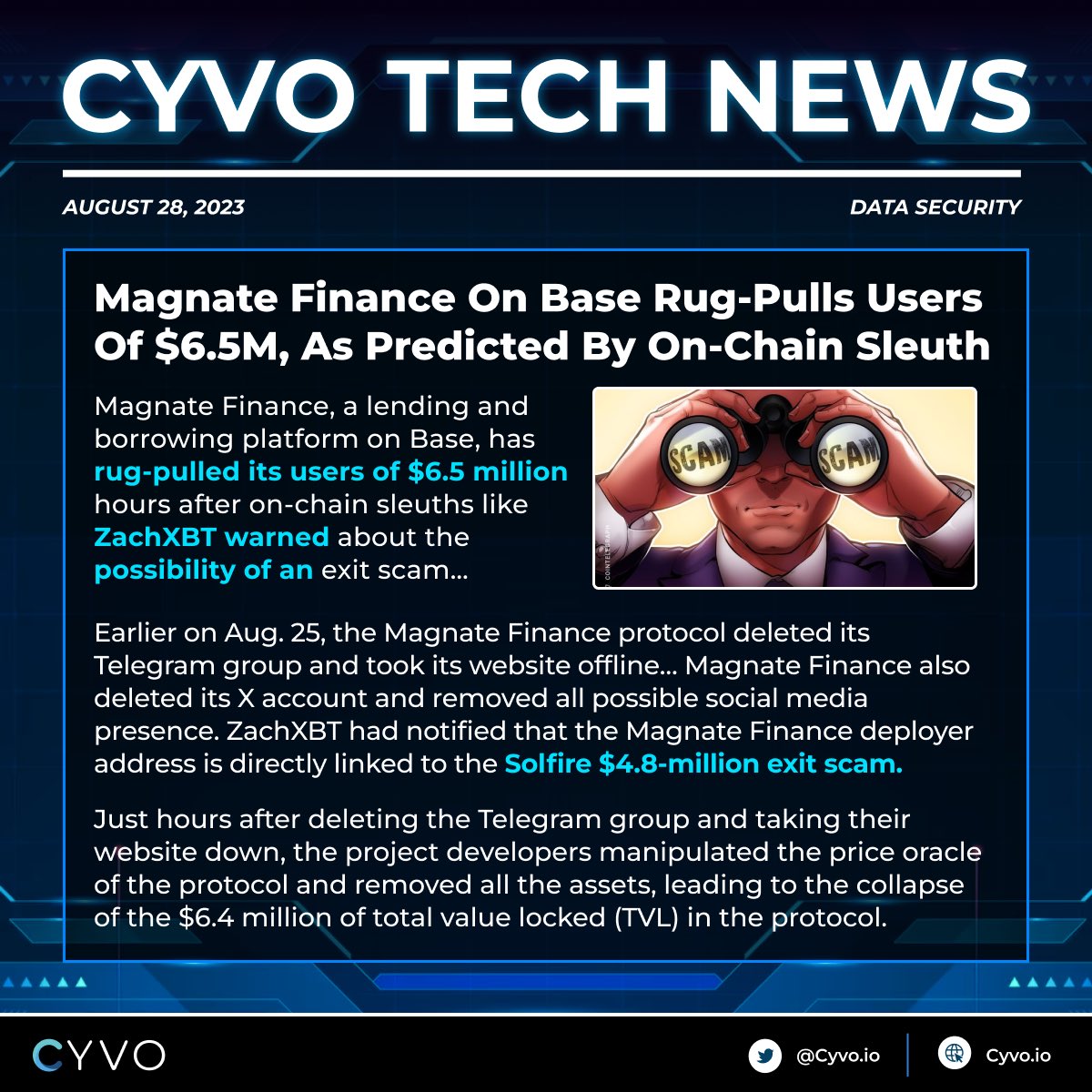 Recommend everyone to follow ZachXBT for heads-up on scam projects.
Source: Cointelegraph 

#AlwaysOnGuard 

#CyberSecurity #CyberSecurityAwareness #CybersecurityNews #CyberAttack #Hackathon