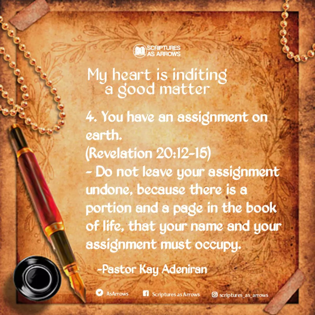 AsArrows's tweet photo. Five good matters the king has for you in this message:

4. You have an assignment on earth.
(Revelation 20:12-15)
5. An honest appraisal of your life.

KINDLY DOWNLOAD MY HEART IS INDITING A GOOD MATTER WITH PST. KAY ADENIRAN

https://t.co/Fzyz6s8wK6

Stay Blessed. https://t.co/WgsbETCpvN