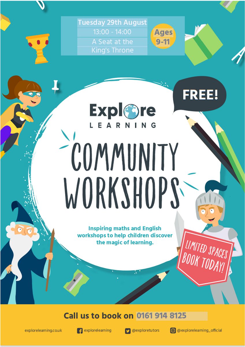 TraffLibraries's tweet image. 😀TODAY 
Come along to the FREE community workshop “A Seat at the King&apos;s Throne” at Sale Library, run by Explore Learning.
⭐FREE - just come along. Ages 9-11.
📍Sale Library
📅Tuesday 29th August.
⏲1.00pm -2.00pm
#explorelearning