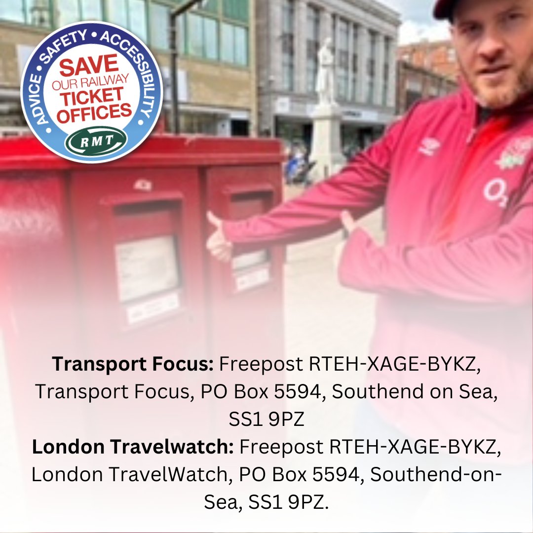 RMTunion's tweet photo. 📮 Many of you will know of local #SaveTicketOffices petitions around particular stations in your area. 
All these petitions will be counted in the consultation, but ONLY if they are submitted to Transport Focus and/or London Travelwatch by September 1st. https://t.co/54nQiA2Qrz