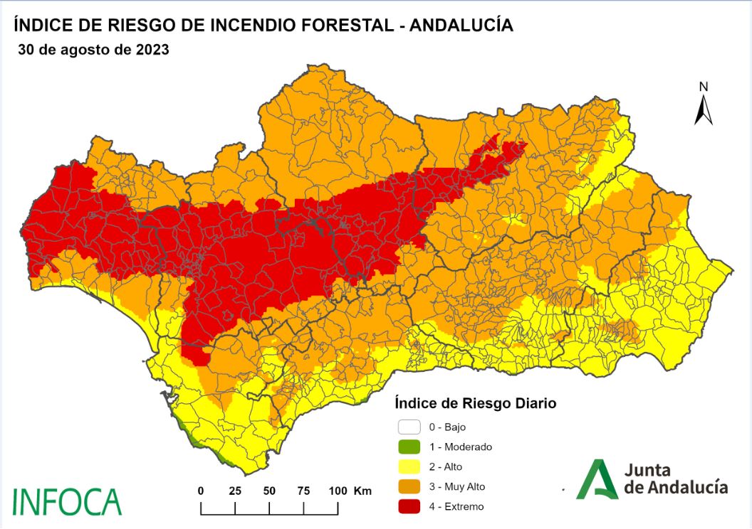 Plan_INFOCA's tweet photo. 🟥 Habrá que seguir atentos a la evolución de las temperaturas, pero ya vemos como la bajada anunciada comienza a influir en el ÍNDICE de RIESGO de incendios #IIFF previsto para las próximas jornadas. La vegetación recupera humedad durante la noche. 

Muy buenos días. https://t.co/xIgGk7Sakq