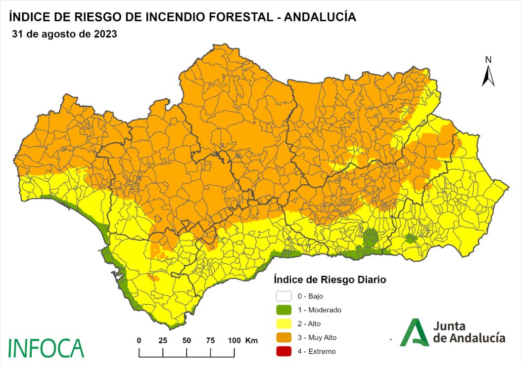 Plan_INFOCA's tweet photo. 🟥 Habrá que seguir atentos a la evolución de las temperaturas, pero ya vemos como la bajada anunciada comienza a influir en el ÍNDICE de RIESGO de incendios #IIFF previsto para las próximas jornadas. La vegetación recupera humedad durante la noche. 

Muy buenos días. https://t.co/xIgGk7Sakq