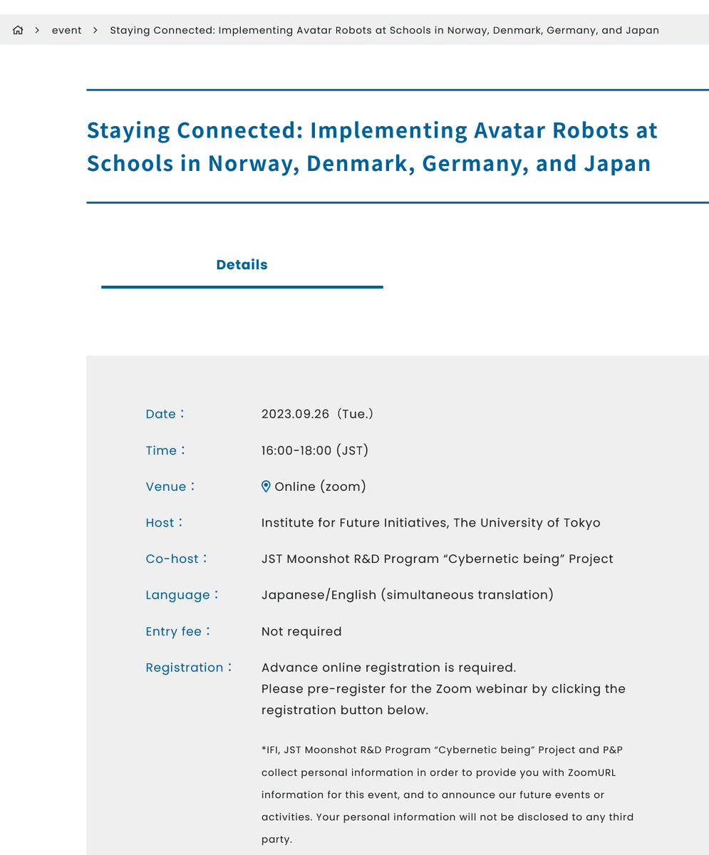 dij_tokyo's tweet photo. Save the date📆Staying Connected: Implementing #Avatar #Robots at Schools in Norway, Denmark, Germany, and Japan @UTokyoIFI online event on Sept 26 with Arisa Emi, Marit Haldar, @MajaNordtug, Sofie Sejer Skoubo &amp; DIJ's @SpodenCelia. Details &amp; registration https://t.co/zMJpkQjfux https://t.co/spLdxSdjQb