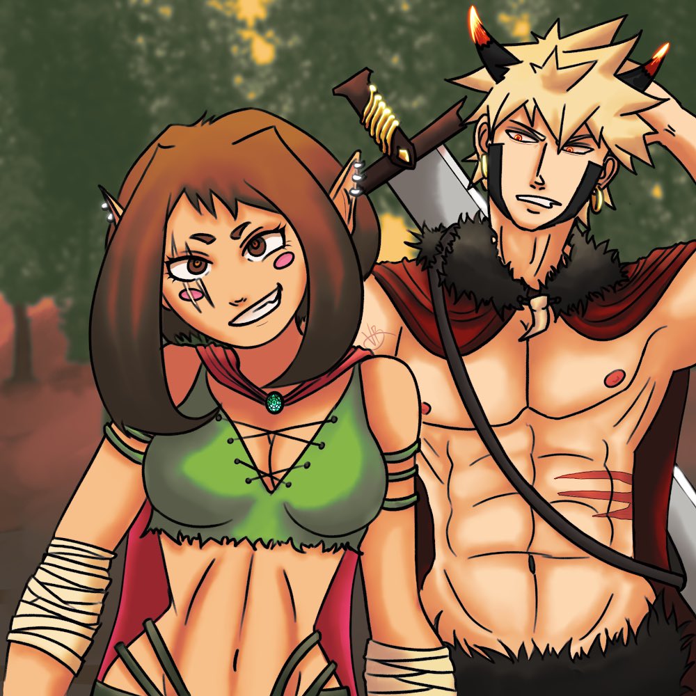 VisualBlurbs's tweet photo. Katsuki, a demon warrior, enlists in the aid of a cheeky wood elf, Ochako, much to his dismay. #kacchako #MHA #katsukibakugou #Ochakouraraka https://t.co/yltZFh2Myl