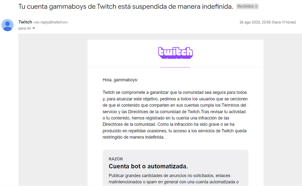 Nos sumamos a las víctimas. <a href="/TwitchES/">Twitch ES</a> nos suspende la cuenta por la cara de forma indefinida. Estando de vacaciones.