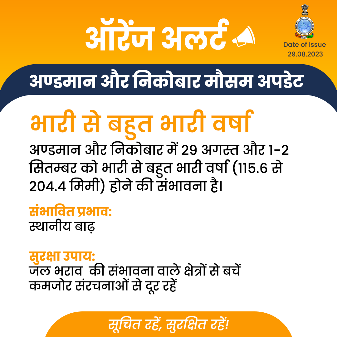 Indiametdept's tweet photo. अण्डमान और निकोबार के विभिन्न क्षेत्रों में 29 अगस्त और 1-2 सितम्बर  तक बहुत भारी वर्षा होने की संभावना है। वर्षा के इस मौसम में आप सभी लोगों से आग्रह है कि कच्चे एवं भारी जल भराव वाले क्षेत्रों में जाने से बचें। अपने आस पास के लोगों को भी जागरूक करें।सावधान रहें, सुरक्षित रहें ! https://t.co/Hs80tiUUtD