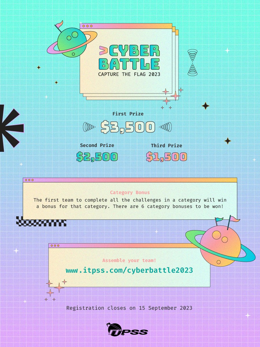 BruneiCERT's tweet image. 𝗖𝘆𝗯𝗲𝗿 𝗕𝗮𝘁𝘁𝗹𝗲 is a computer hacking competition where you can spend the day solving challenges, uncover hidden flags and collect precious points to take your team to the top of the scoreboard!
itpss.com/cyberbattle2023
#Brunei #CyberBattle2023 #CTF2023