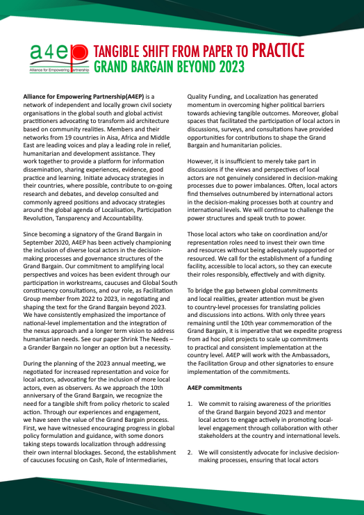 IqbalUddin's tweet photo. Tangible Shift from Paper To Practice_Grand Bargain Beyond 2023
@A4EP2 exp. in the @GrandBargain_ facilitation group &amp; priorities from #PaperToPractice for a meaningful partnership &amp; localisation. @UNinBangladesh, @UNHCR_BGD, @ToGETHER4local, @Charter4Change, @RohingyaResp. https://t.co/oWYiRAUCIO