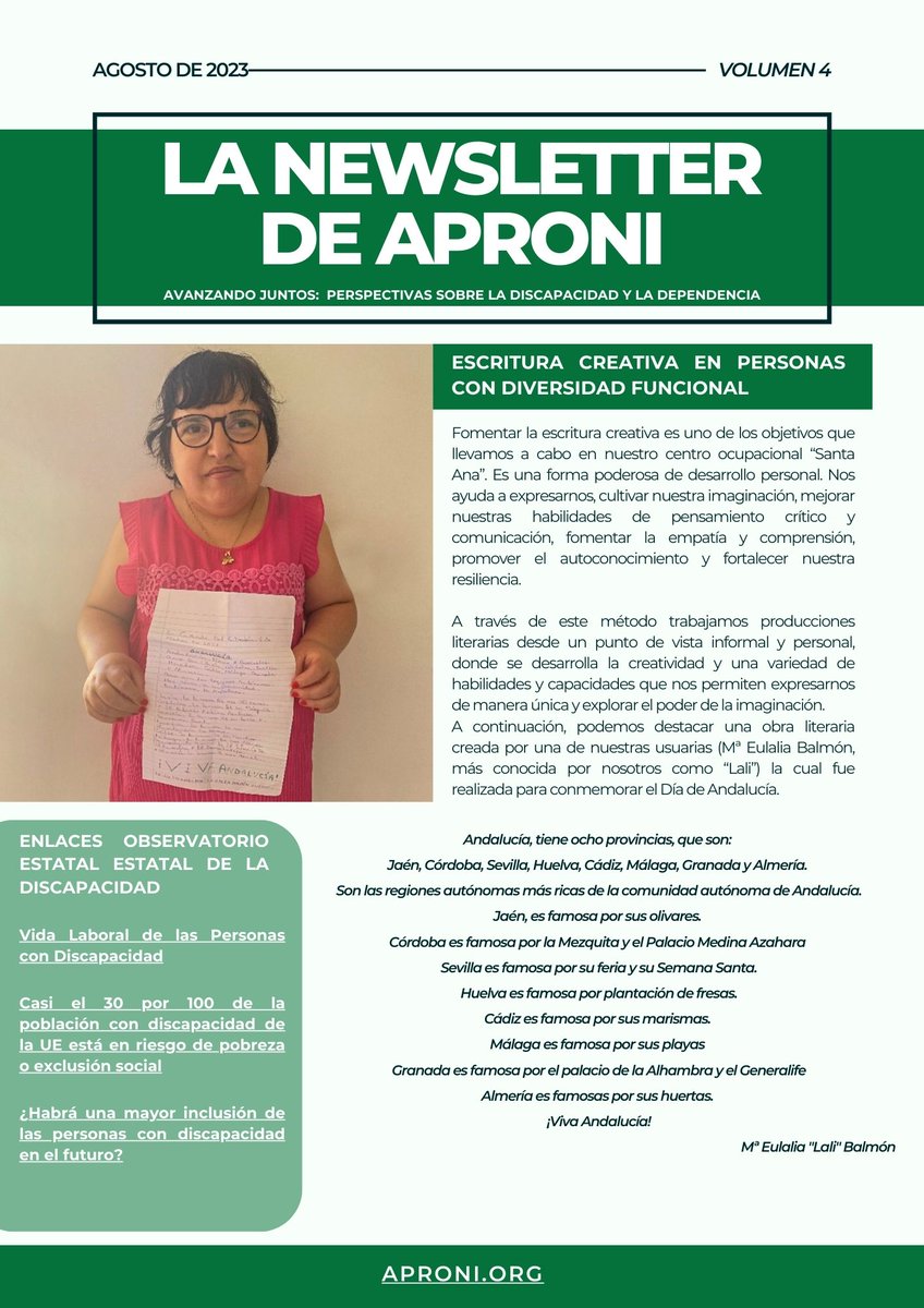📢 Queremos compartir con todos
ustedes el cuarto número de nuestra 𝐍𝐞𝐰𝐬𝐥𝐞𝐭𝐭𝐞𝐫
"𝐀𝐕𝐀𝐍𝐙𝐀𝐍𝐃𝐎 𝐉𝐔𝐍𝐓𝐎𝐒" dedicada a la atención a las
personas con discapacidad y/o en situación de
dependencia!.➡️ aproni.org/newsletter-vol…
-discapacidad/.