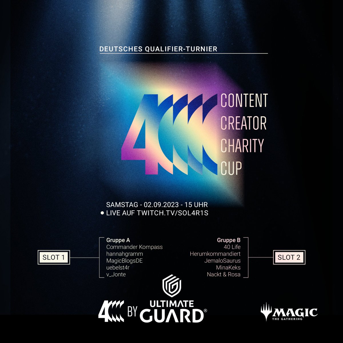 For our German speaking community:
Seid am Samstag (02.09.) ab 15 Uhr live auf dem Twitch-Channel von <a href="/Sol4r1s/">Kai Knipping</a> beim deutschen #4Cs Qualifier-Turnier dabei, wenn sich zehn Content Creator auf #MTGArena um die beiden letzten Tickets für unser jährliches Charity-Turnier duellieren!