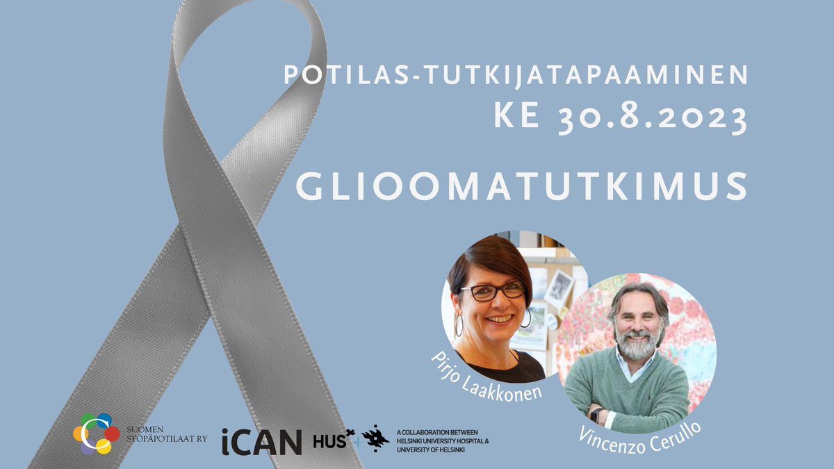 Huomenna keskiviikkona 30.8. syvennymme glioomien &amp; glioblastoomien tutkimukseen <a href="/vincersurf/">Vincenzo Cerullo</a> &amp; <a href="/LaakkonenL/">LaakkonenLab</a> johdolla. Lue lisää verkkotapaamisesta &amp; ilmoittaudu mukaan: tinyurl.com/2ffvyxrw

Tilaisuus järjestetään yhteistyössä <a href="/iCAN_Finland/">iCAN - Digital Precision Cancer Medicine</a> kanssa.💙 

#syöpätutkimus #gliooma