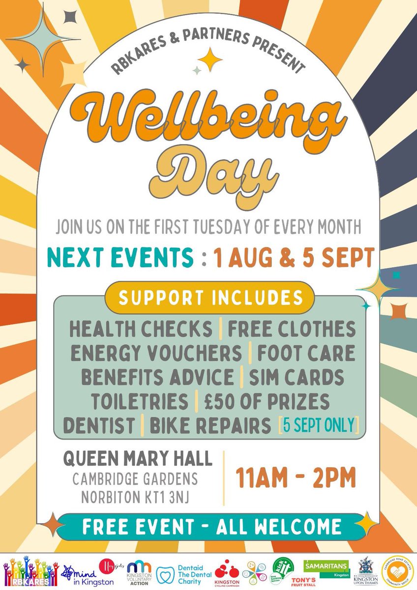 The Rbkares wellbeing day is next Tuesday at Queen Mary Hall. We will have a host of services supporting @RoadCrest foodbank clients, from @dentaid_charity to @MindinKingston from health checks & bike checks to footcare, benefits help to SIMcards and digital skills & much more!