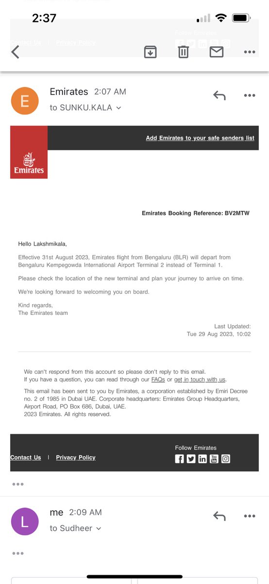 reachsudheer's tweet photo. Past 24-48 hours my wife was talking to multiple people.
Now it shows the she can travel. But when we were cross checking the same. As per .@emirates , Even though it’s reflecting under booking, she can’t travel because ticket cancelled.
#WhatAService https://t.co/DXfgQdsmc6