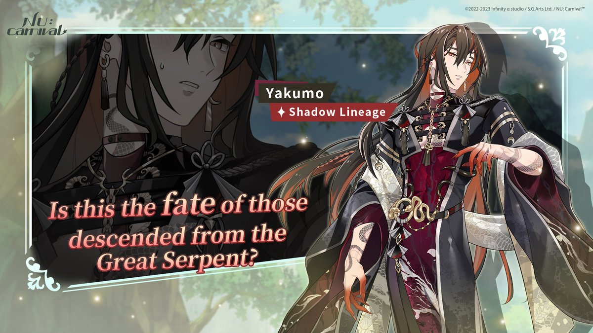 NUCarnivalEn's tweet photo. [Shadow Lineage | Yakumo]

Owing to the bond of bloodlines, Eiden and Yakumo are able to glimpse into the Great Serpent’s sorrowful past. Yet with fierce determination, Yakumo sets his immense powers on mending the regretful shortcomings from all those years ago… 

#NUCarnival https://t.co/aEddPf1dcW