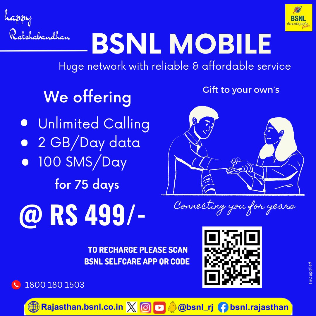 BSNL_RJ's tweet photo. Recharge for #PV199 & enjoy 2GB of data per day, unlimited calling, and much more for 30 days.
#RechargeNow with #BSNLSelfCareApp
Download the app now.
Google Play: https://t.co/1IwIjzuNtU
AppStore: https://t.co/zhMqlm62Sa
#BSNLOnTheGo #BSNLRJ_Mobile #Rakhi2023 #bsnlrecharge https://t.co/depNu7burb