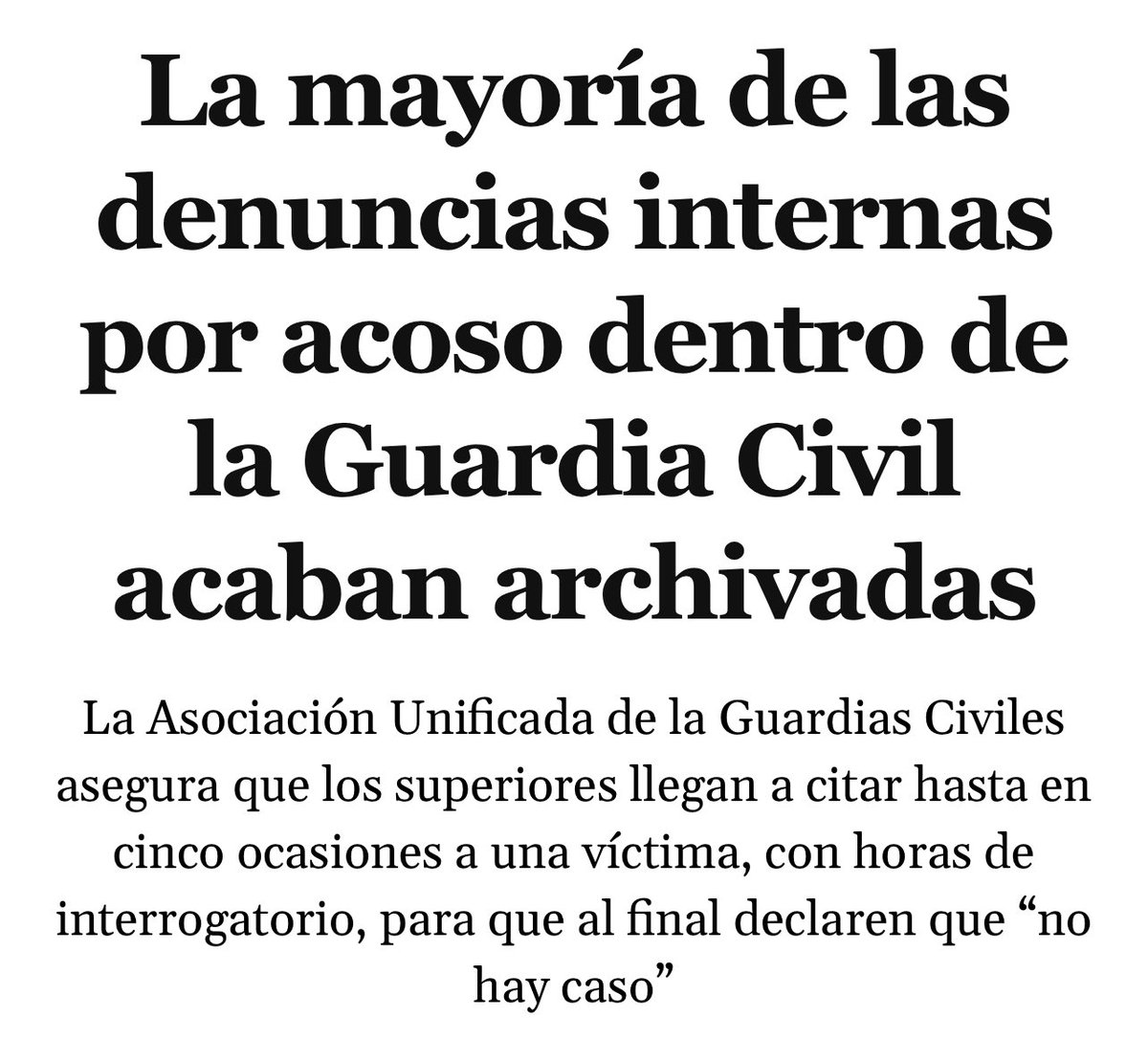 🔴 Los Rubiales de la Guardia Civil 👇🏻

➖La mayoría de las denuncias internas por acoso dentro de la Guardia Civil acaban archivadas.

➖Llegan a citar hasta 5 veces a las víctimas, a las que someten a horas de interrogatorios, para que al final concluyan que “no hay caso”.