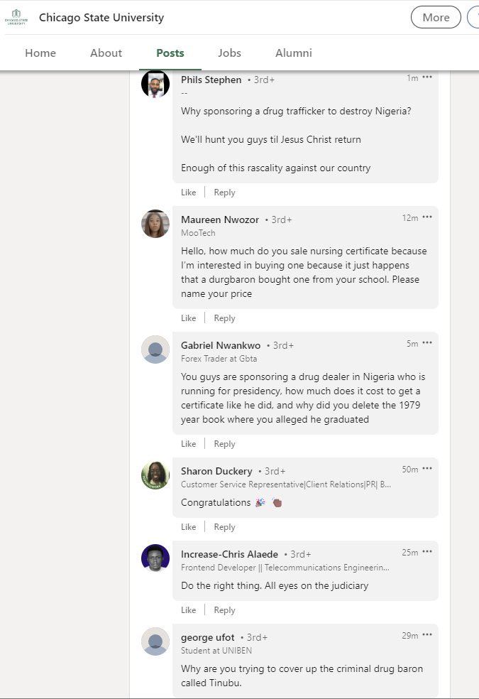 PO_GrassRootM's tweet photo. BREAKING: @ChicagoState University LinkedIn burning right now as Nigerians took to their LinkedIn page to call them out on Tinubu's fake certificate saga with the institution. https://t.co/7J2REv32Rw