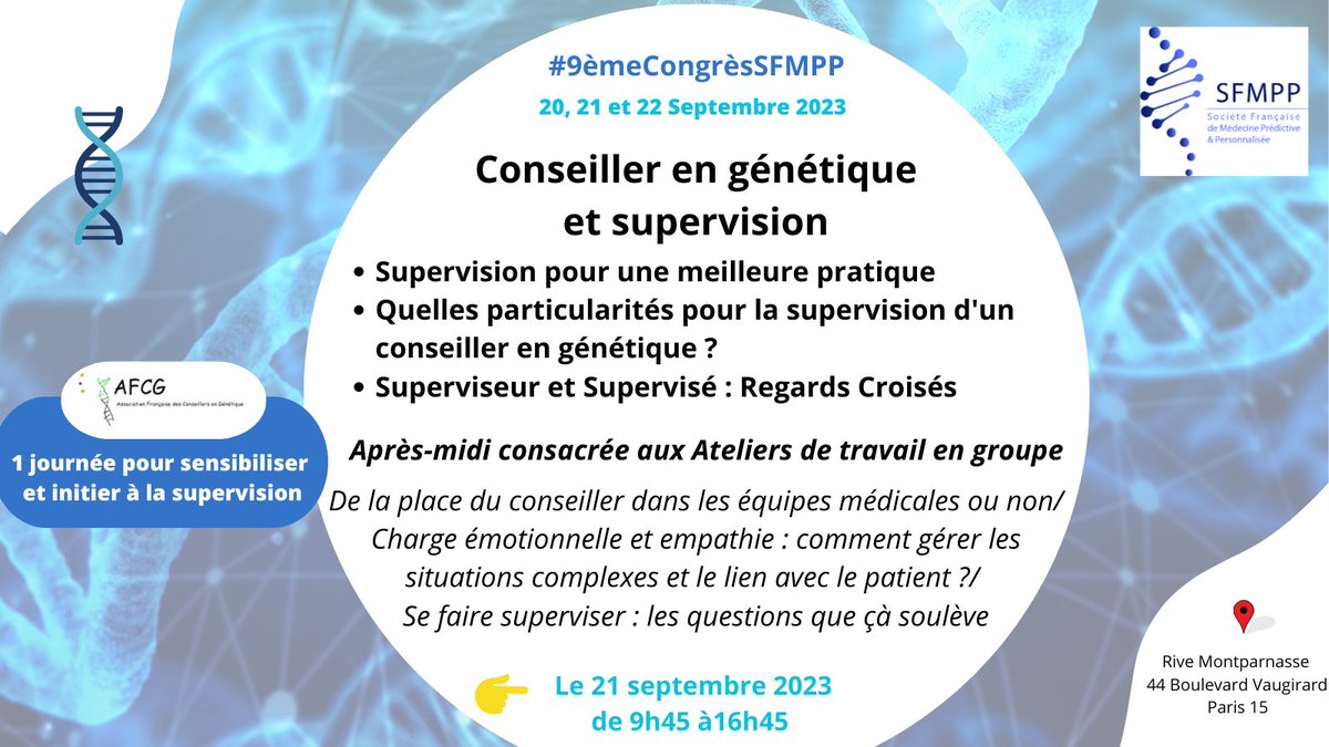 SFMPP (@sfmpp_) on Twitter photo Quelle place pour le #ConseillerEnGénétique dans l'équipe médicale/non médicale? Les bénéfices d'1 supervision pour améliorer 1 pratique qui expose à de multiples questionnements. Assistez à la journée et participez aux ateliers de travail <a href="/AFCG_asso/">Association Française des Conseillers en Génétique</a>👉21sept au #9èmeCongrèsSFMPP Quelle place pour le #ConseillerEnGénétique dans l'équipe médicale/non médicale? Les bénéfices d'1 supervision pour améliorer 1 pratique qui expose à de multiples questionnements. Assistez à la journée et participez aux ateliers de travail <a href="/AFCG_asso/">Association Française des Conseillers en Génétique</a>👉21sept au #9èmeCongrèsSFMPP