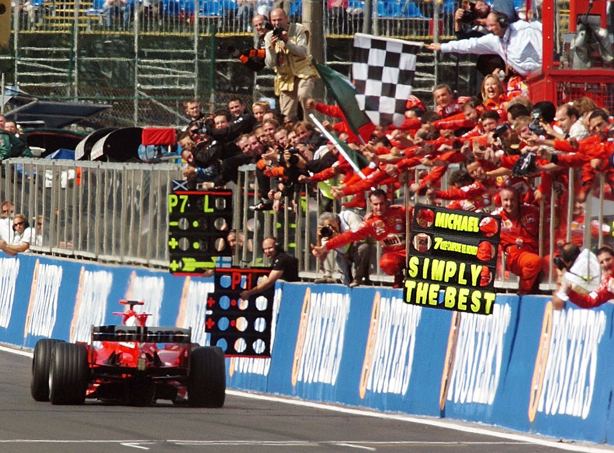 schumacher's tweet photo. The last of stunning seven world championship titles – Michael secured the 2004 championship in Spa, where he had celebrated both his first race and win.
 
#OTD #F1 #KeepFighting #TeamMichael
 
Pics: AFP 🏎️ https://t.co/RqQPqhpjsu