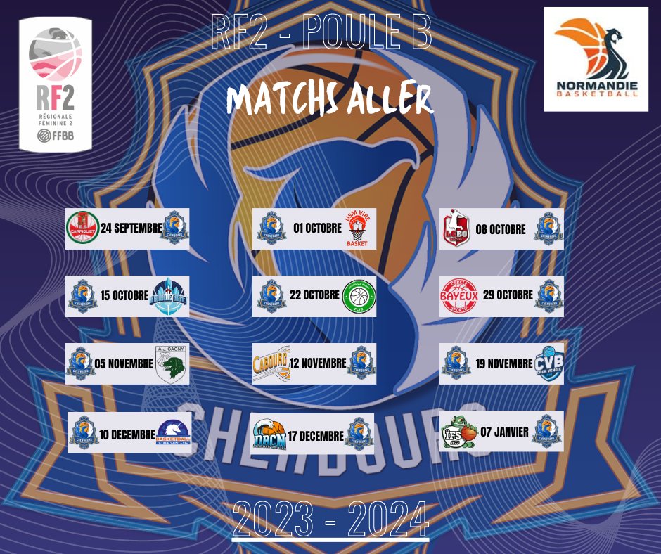 CherbourgBB's tweet image. Le calendrier des matchs RF2 pour la saison 2023-2024 🏀 
Allez la BLUETEAM 👏 💙 🤍 
#Cherbourg #Basket #RF2