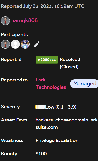 iamgk808's tweet image. Wasted 3 weeks on the LarkSuite program. The team is not properly validating bugs
#bugbounty #pentesting #webpentesting #cybersecurity #hackerone #ethicalhacking #reports #bounty #hacking