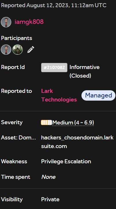 iamgk808's tweet image. Wasted 3 weeks on the LarkSuite program. The team is not properly validating bugs
#bugbounty #pentesting #webpentesting #cybersecurity #hackerone #ethicalhacking #reports #bounty #hacking