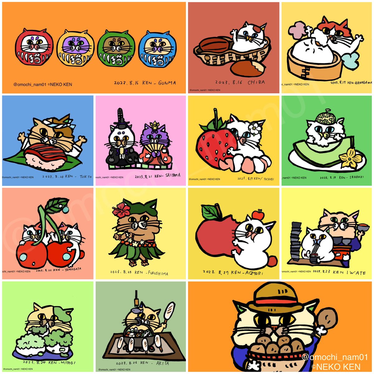 夏休みに小4の息子が描いた、47都道府県のご当地ネコ。 とても可愛い