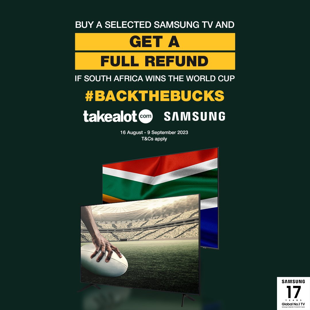 TAKEALOT's tweet photo. π¨ ONLY 3 TV MODELS LEFT π¨
Did you #BackTheBucks on Friday? π Of course you did! πΊ Remember, if South Africa wins the tournament, you'll get a FULL REFUND! πΏπ¦ Prove you're a true bokke fan and #BackTheBucks today!
Shop now: https://t.co/VgCAAzSvZJ https://t.co/hIMs5TPL07