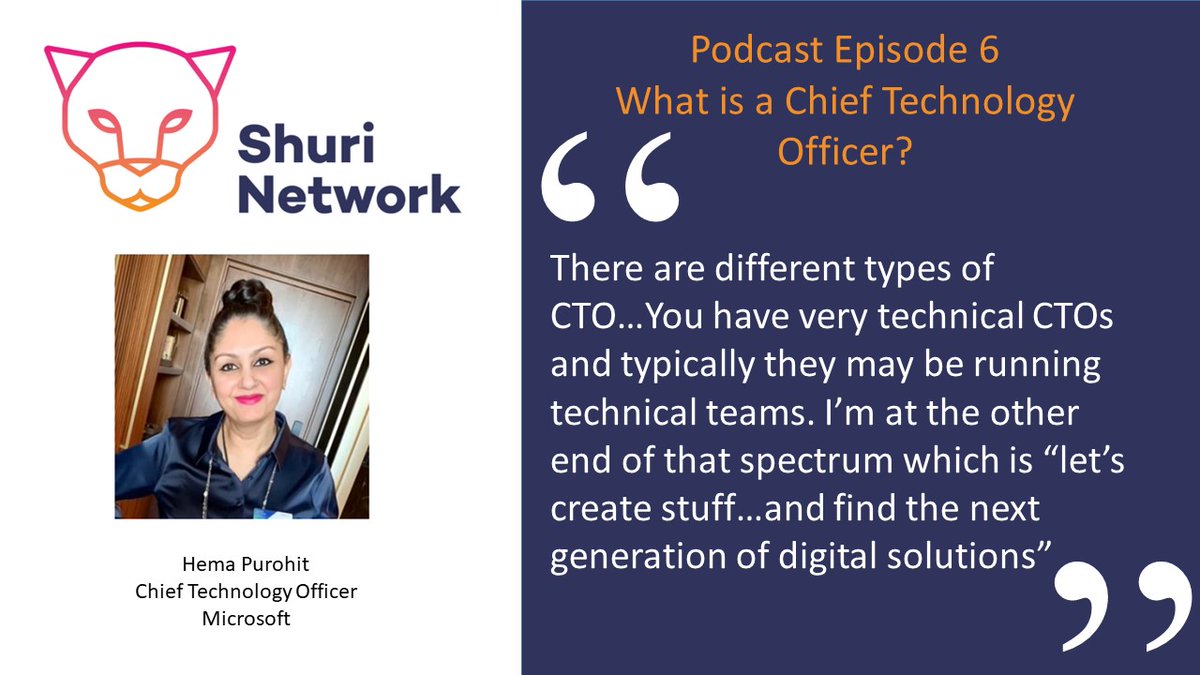 Here we are again - new <a href="/NetworkShuri/">TheShuriNetwork</a>  podcast day! 🎙️We've got @HP1173 Hema Purohit as our wonderful guest telling us about the life of a Chief Technology Officer. Intrigued? Me too! Join me and <a href="/TraceyT_NHS/">Tracey Thomas</a>  for episode 6 to find out more: open.spotify.com/episode/6OjSqU… Pls retweet!