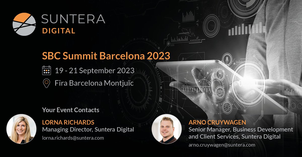 Lorna Richards & Arno Cruywagen, #SunteraDigital, are attending #SBCSummitBarcelona.

Global leaders in #sportsbetting & #iGaming assemble to discuss the future of the industry, exchange knowledge and build powerful connections.

Find out more here > hubs.la/Q020fTFP0