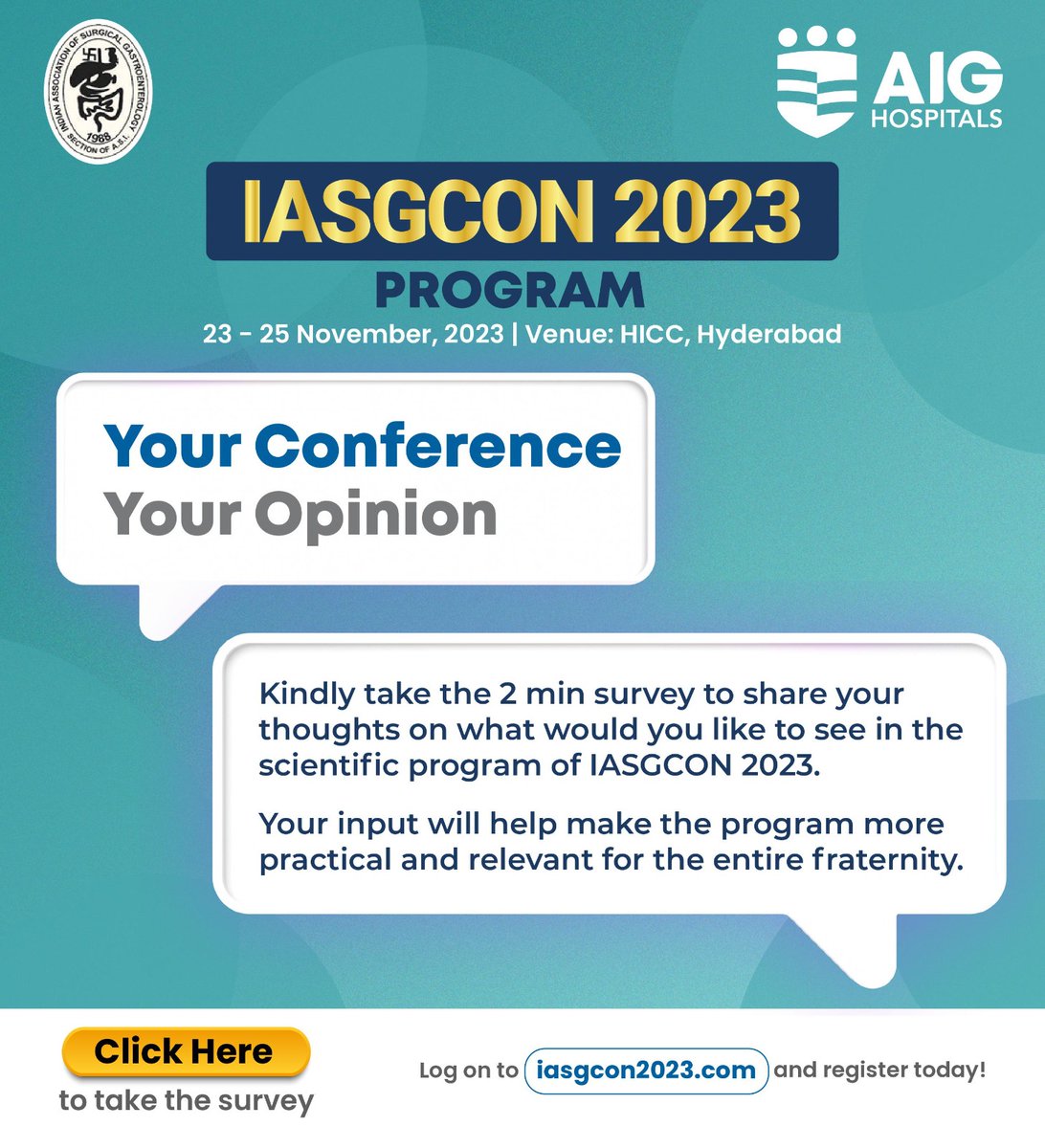 #IASGCON2023  #GISurgery. It's Your Conference and therefore Your Opinion matters. Kindly spare 2 min to take this survey and help us make the program more relevant and practical for all. Click forms.microsoft.com/r/Vy4KhG7khQ 
#GIOncology #HPBSurgery #Robotics #MIS #IASG #AIGHospitals