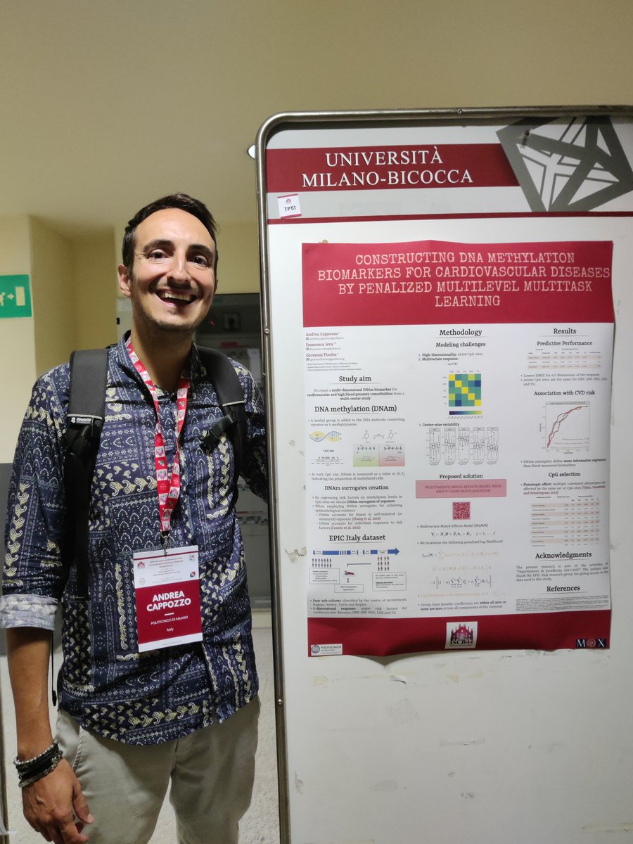 andrea_cappozzo (@andreacappozzo) on Twitter photo Thrilled to have our poster at #iscb44! We propose a novel method for DNAm surrogate creation using penalized mixed effects multi-task learning, a collaboration with <a href="/FraIev84/">Francesca Ieva</a> and Giovanni Fiorito soon to appear in the Annals of Applied Statistics! Check it out at stand TP51! Thrilled to have our poster at #iscb44! We propose a novel method for DNAm surrogate creation using penalized mixed effects multi-task learning, a collaboration with <a href="/FraIev84/">Francesca Ieva</a> and Giovanni Fiorito soon to appear in the Annals of Applied Statistics! Check it out at stand TP51!