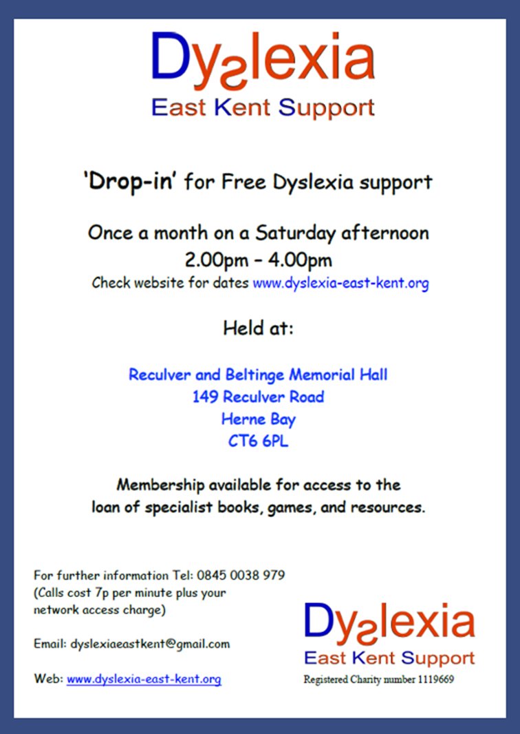 LindleyGeoff's tweet photo. Need information about Dyslexia? The next free Drop-In is on Saturday, 2nd September, 2-4pm, Reculver &amp; Beltinge Memorial Hall. Membership not necessary. All welcome. #dyslexia #readingsupport #DEKS #dyslexiaeastkent #whitstable #hernebayDyslexia #Beltinge https://t.co/pL0iLficO7