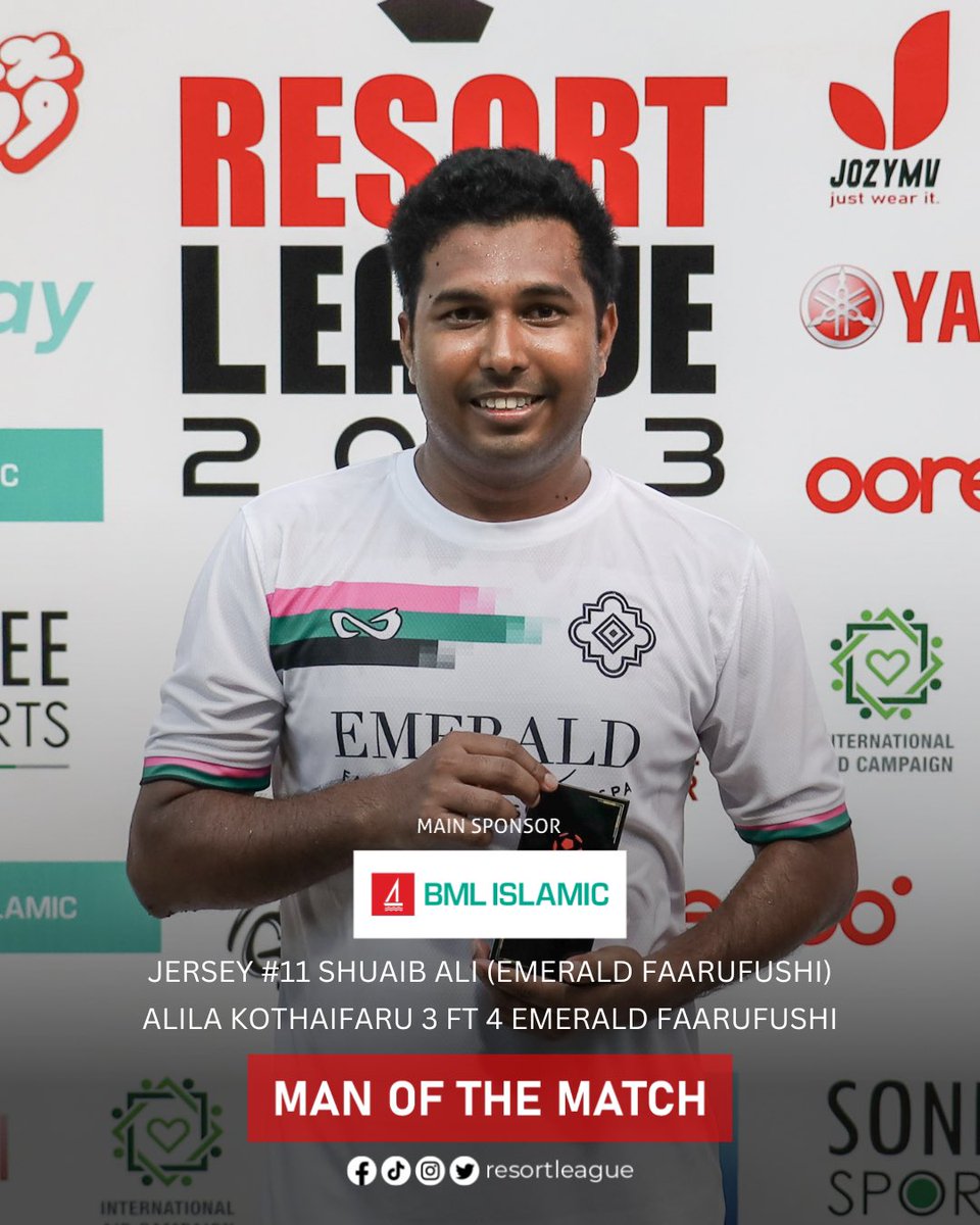 resortleague's tweet photo. Resort League 2023 Raa Zone 
Match #4
Man of the Match: Jno. 11 Shuaib Ali (Emerald Faarufushi)
Full Time
17:00 - Alila Kothaifaru 3 FT 4 Emerald Faarufushi
.
#RL23 #resortleague #resortleague2023 #IAC #CharityPartner #BMLislamic #EHEE #tripverin #fahipay #matcon #marinemaster @OoredooMaldives