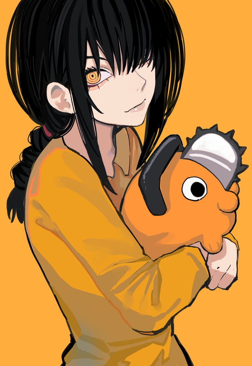 makima (chainsaw man) ,pochita (chainsaw man) 1girl ringed eyes simple background braid black hair looking at viewer braided ponytail  illustration images