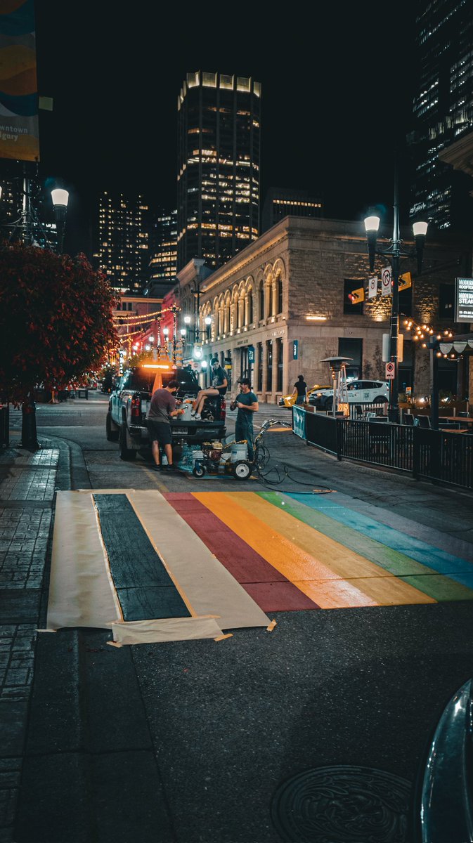 cmcalgary's tweet image. Guess which rainbow crosswalk is being spruced up? Give up? The one in the picture, on Stephen Avenue.

#calgarypride #yyc #exploredowntownyyc